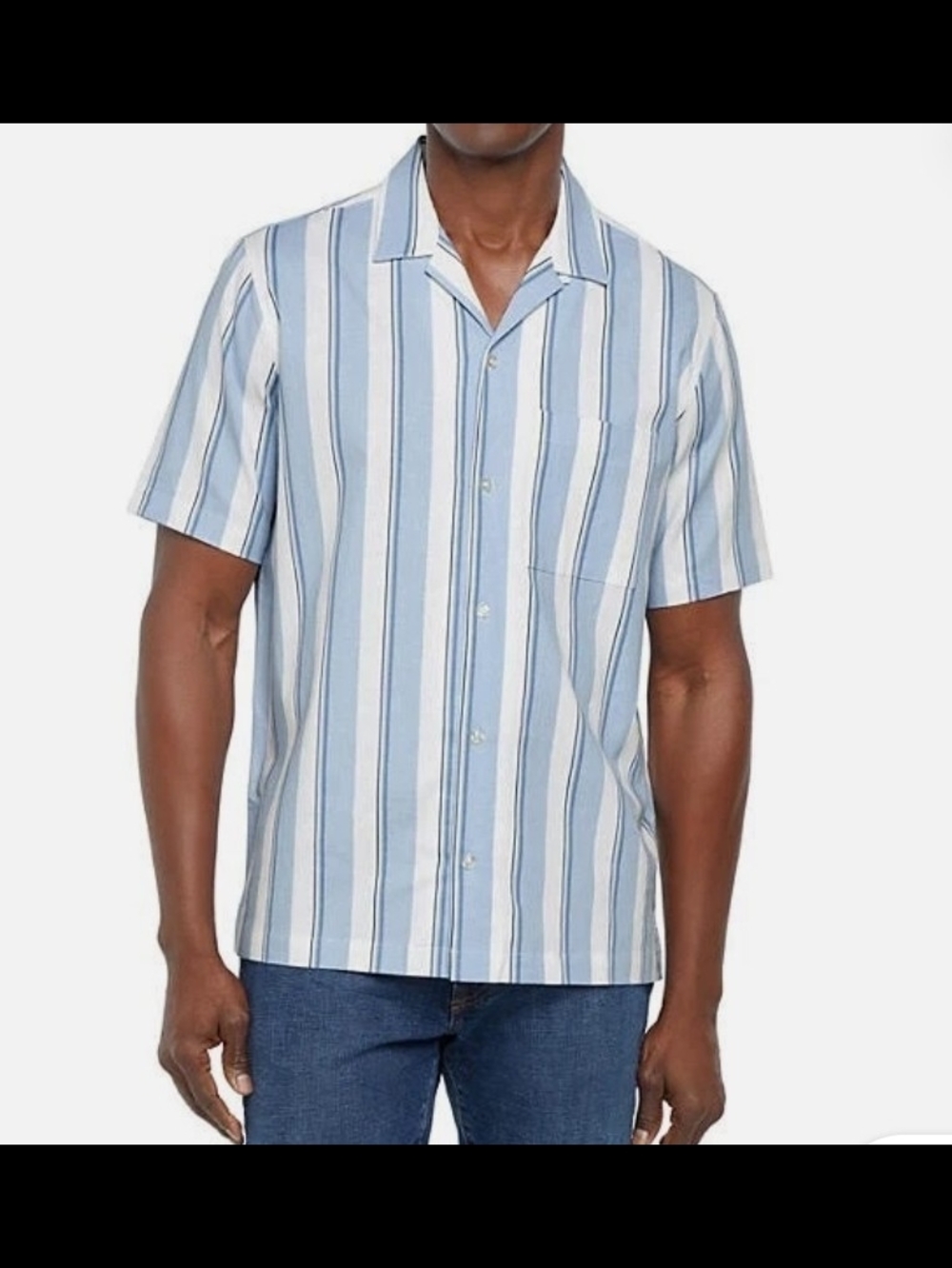 GAP Short-Sleeve Vertical Stripe Camp Shirt in Light Blue and White